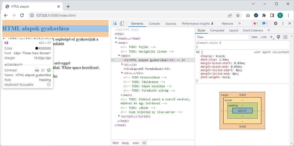 A böngésző beépített stílusainak vizsgálata Developer Tools segítségével